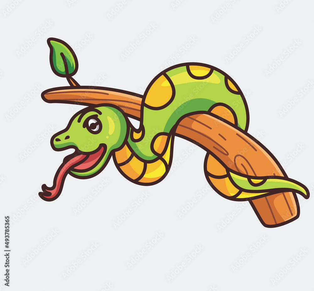Fototapeta premium cute snake lay on tree branch. cartoon animal nature concept Isolated illustration. Flat Style suitable for Sticker Icon Design Premium Logo vector. Mascot Character