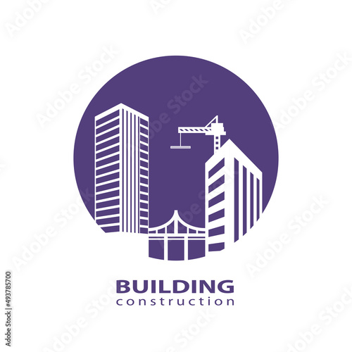 Construction working industry concept. Building construction logo in violet.  High-rise buildings, bridge, construction cranes on violet background. Stock vector. EPS10.