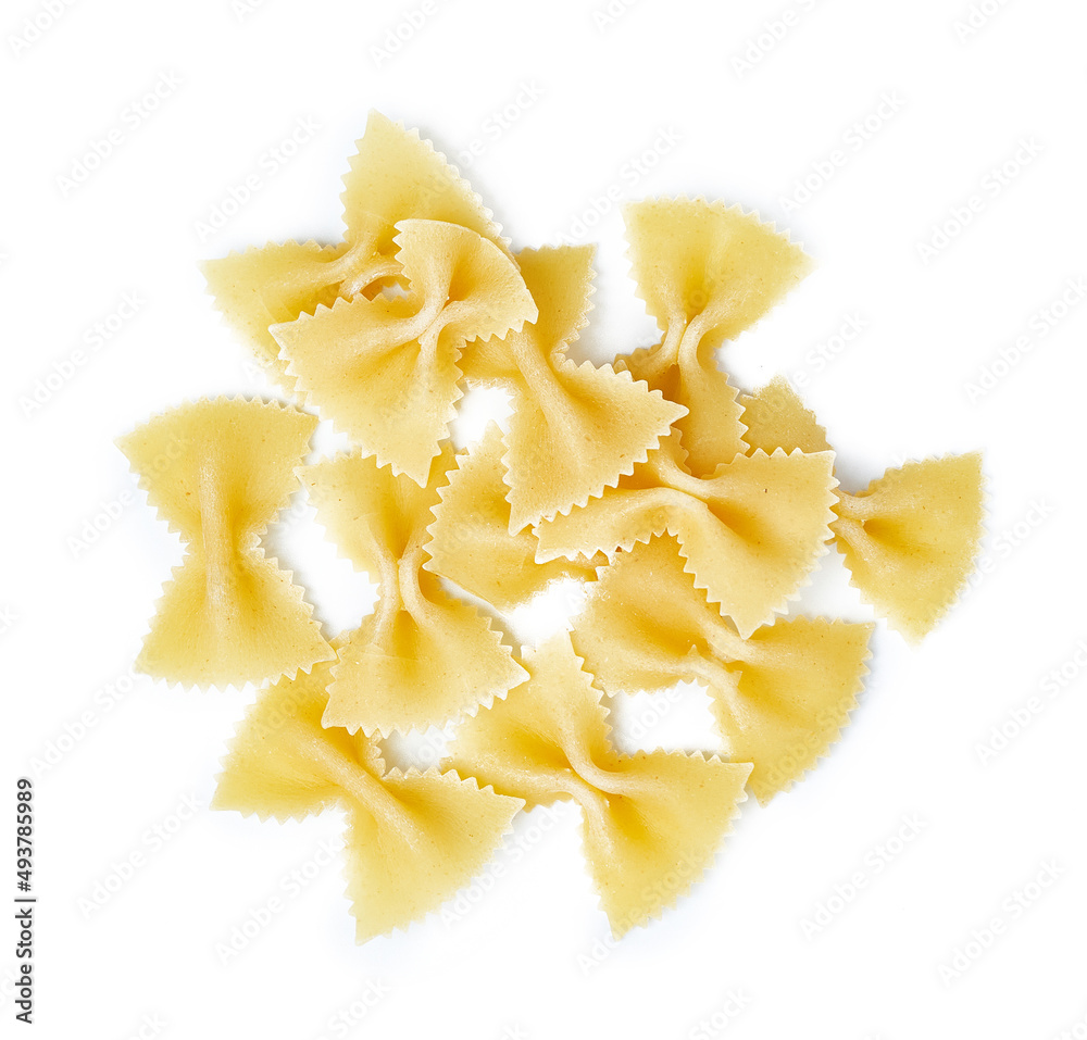 group of raw farfalle pasta isolated on white background. pile of farfalle pasta isolated on white background. top view or flat lay group of raw farfalle pasta isolated on white background. pile of farfalle pasta isolated on white background. top view or flat lay