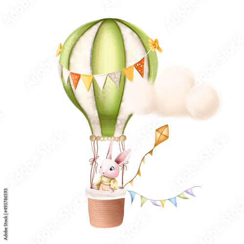 Cute, Little watercolor rabbit flying in a air balloon; watercolor hand-drawn illustration of a bunny; can be used for a children's poster or postcards; with a white isolated background