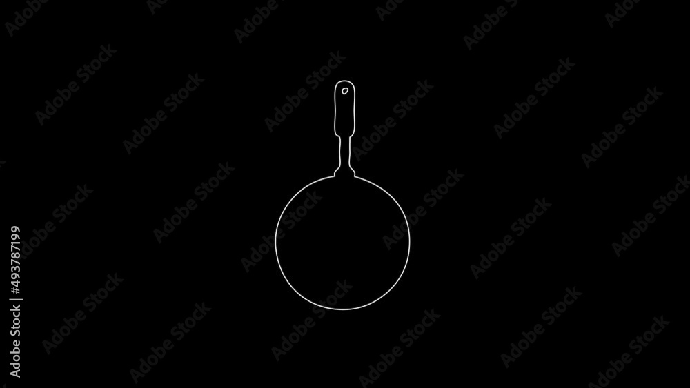 white linear frying pan silhouette. the picture appears and disappears on a black background.
white linear frying pan silhouette. the picture appears and disappears on a black background.