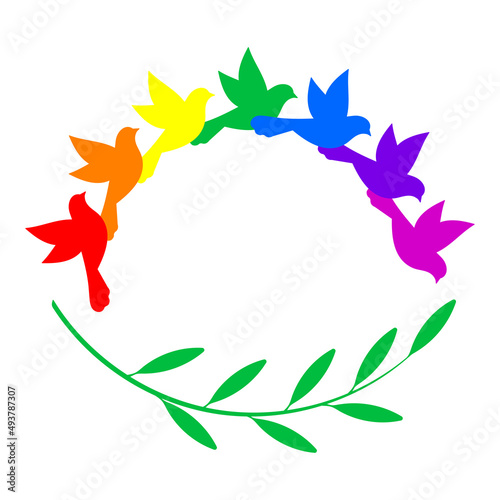 Rainbow birds and a green twig. Logo. Copy space for text. Vector illustration