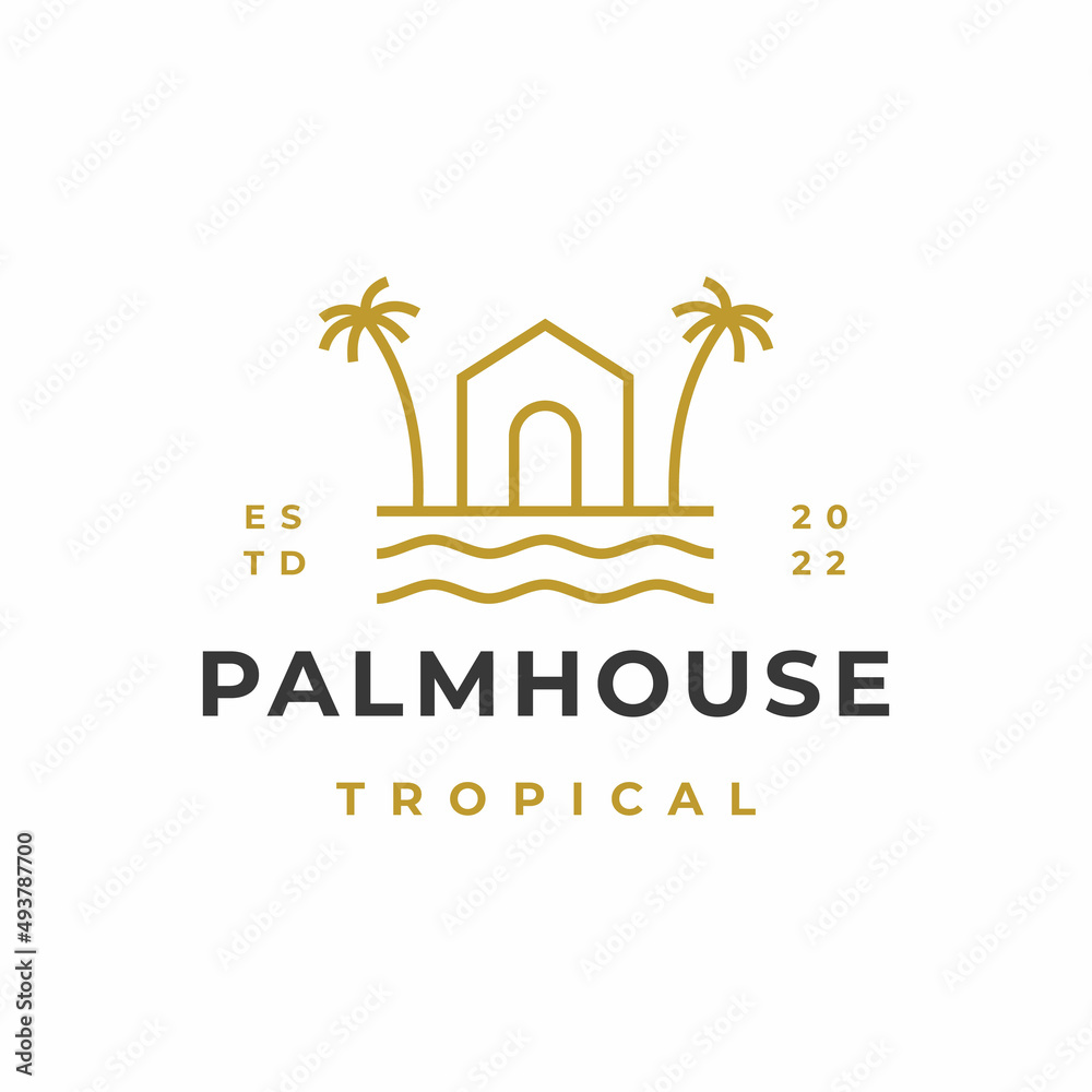 Retro Line art Palm house logo design vector icon illustration