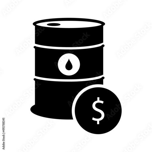 Oil price icon. Vector illustration of oil drum with dollar symbol isolated on white background. Fossil fuel concept. Financial crisis on oil market. Black and white container.