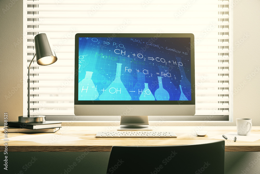 Creative chemistry illustration on modern computer monitor, science and research concept. 3D Rendering