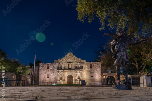 View of the San Antonio Alamo and Bronze Statue at Night photo