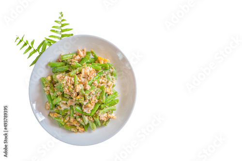 Thai food stir-fried beans with eggs in a beautiful dish.