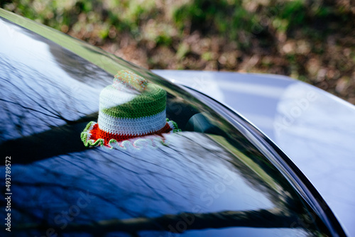 crotchet toilet paper cover on backside of car behind window