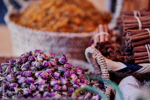 Exotic colorful spices on moroccan street market.