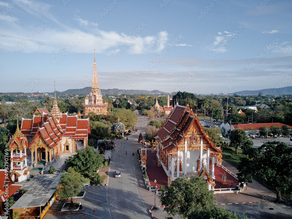 Fototapeta premium Drone shot of The Wat Chalong Buddhist temple in Chalong, Phuket, Thailand.