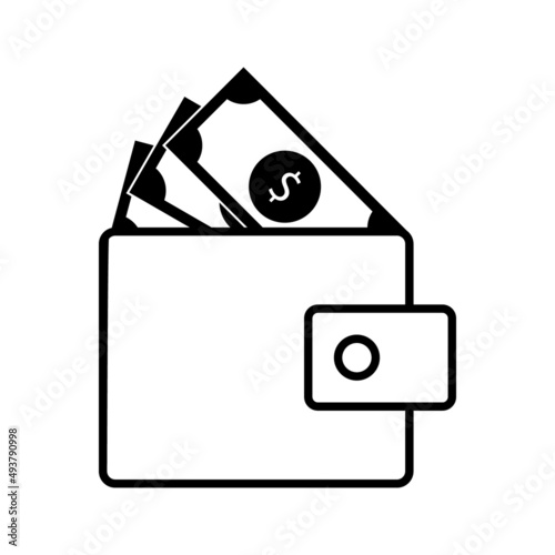 Wallet icon. Vector illustration of wallet with protruding dollar bills. Simple outline element for web, app, UI, mobile. Graphics design for economy.