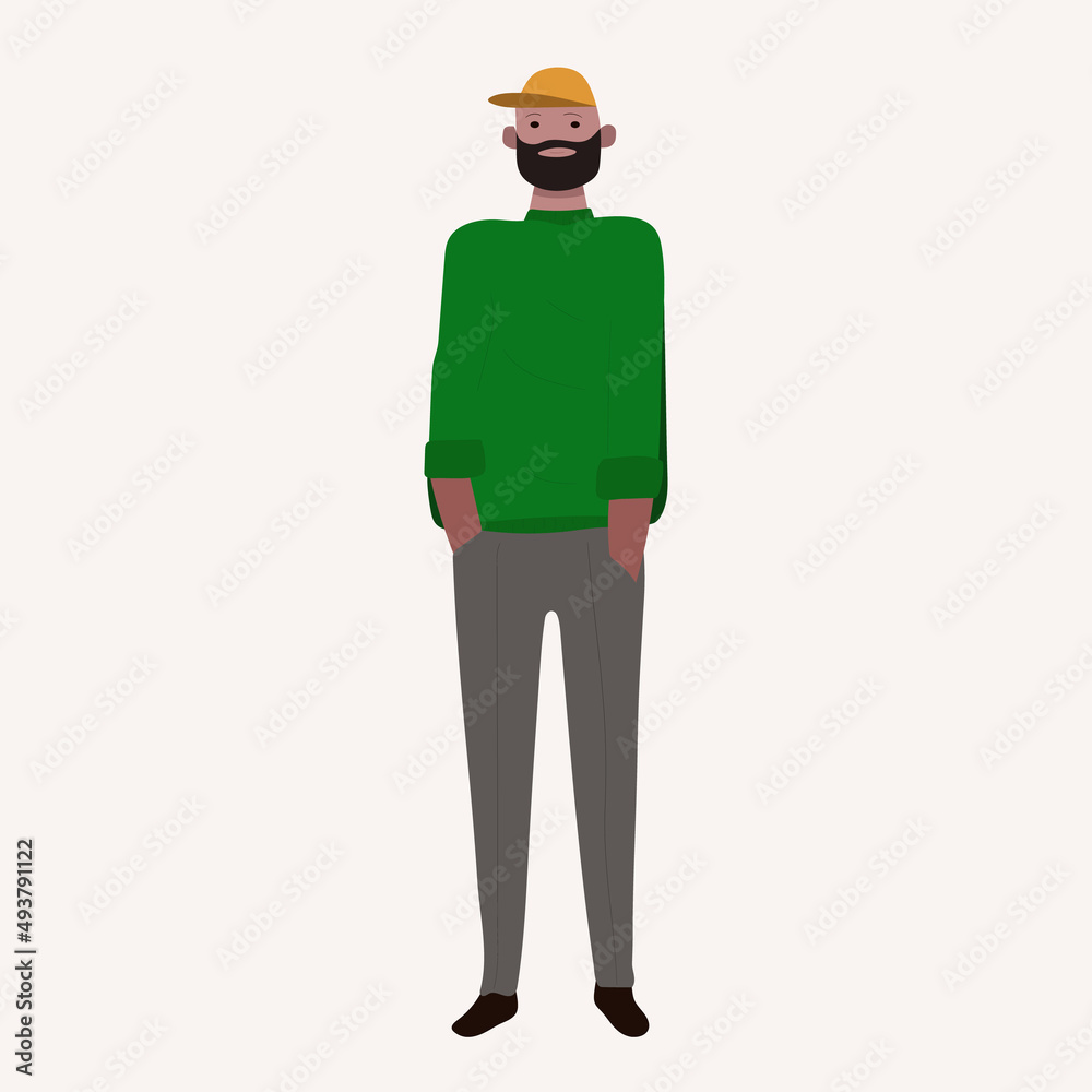 bearded man in green sweater, gray trousers and baseball cap bearded man in green sweater, gray trousers and baseball cap