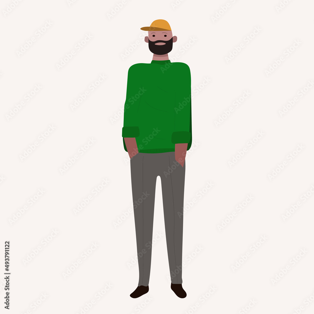 bearded man in green sweater, gray trousers and baseball cap