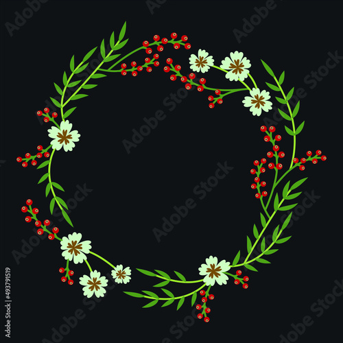 Fototapeta Naklejka Na Ścianę i Meble -  Flower wreath with White flowers and green leaves on a Black background. Design for congratulations, invitations, party, banquet, birthday, booklet, print. Vector isolated illustration
