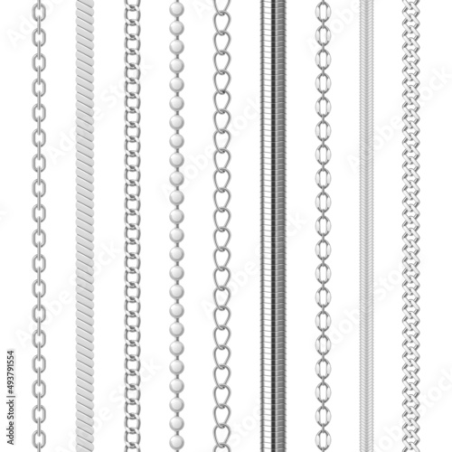 Collection realistic silver chains and necklaces different shape vector illustration metal chainlet