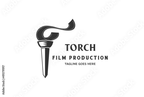 Retro Vintage Torch Flame with Film Strip Reel for Cinema Movie Production Logo Design Vector