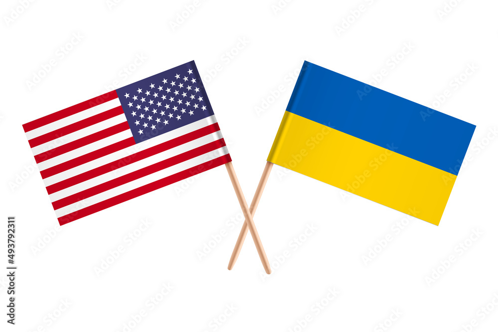 American and Ukrainian flags icon isolated on white background. Vector illustration. Vector illustration American and Ukrainian flags icon isolated on white background. Vector illustration. Vector illustration