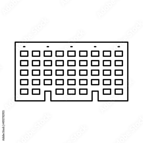House icon. Five-story building. Black contour linear silhouette. Front view. Facade. Vector simple flat graphic illustration. Isolated object on a white background. Isolate.