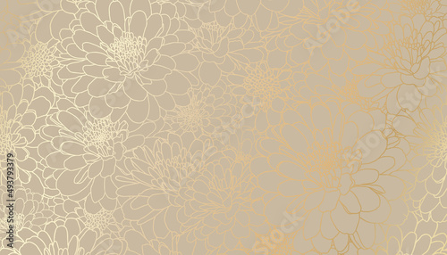 Leinwand Poster Digital vector illustration - golden chrysanthemum flowers in hand drawn line art on beige background