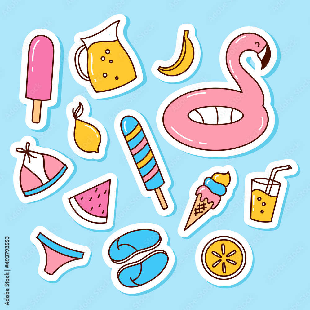 A set of stickers illustrations of summer time. Holidays, rest. A trip to the sea. Inflatable flamingo, sunglasses, swimsuit, fruit, lemonade, ice cream. A set of stickers illustrations of summer time. Holidays, rest. A trip to the sea. Inflatable flamingo, sunglasses, swimsuit, fruit, lemonade, ice cream.
