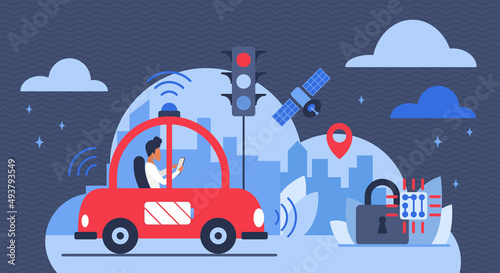 Smart car traffic technology. People drive electric transport with wireless control in smart city infrastructure flat vector illustration. Future innovation, automatic assist for car, iot concept