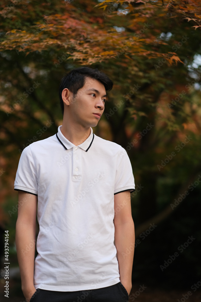 one handsome Chinese young man  in white polo shirt looking away with blur maple tree  