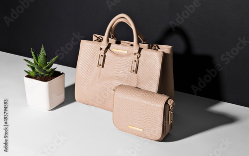 Beige handbag, Elegant fashionable formal beige leather handbag for business woman, Fashionable woman bag
