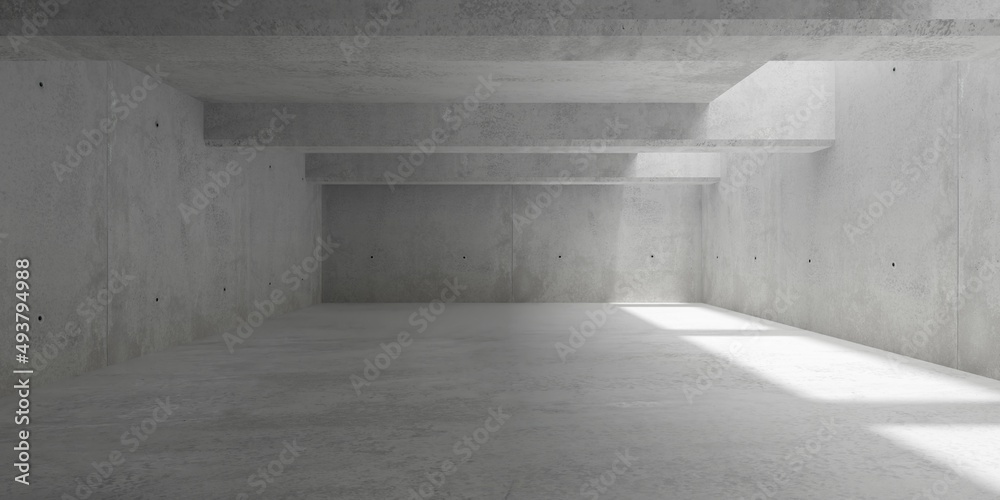 Abstract empty, modern concrete walls room with top light from right and horizontal ceiling beams - industrial interior background template Abstract empty, modern concrete walls room with top light from right and horizontal ceiling beams - industrial interior background template