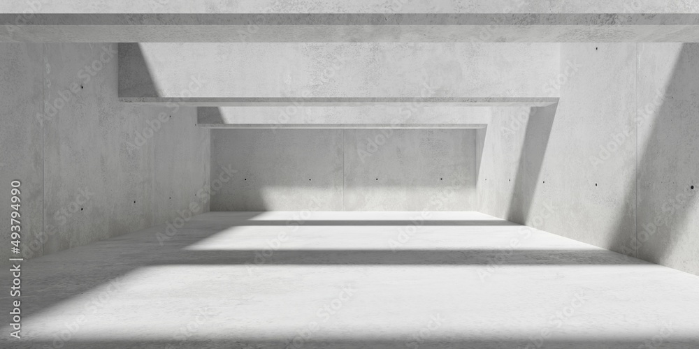 Abstract empty, modern concrete walls room with top light from open ceiling and beams - industrial interior background template Abstract empty, modern concrete walls room with top light from open ceiling and beams - industrial interior background template