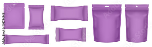Set of realistic doy pack mockups. Purple flow pack, sachet, zip bag, and doypack. Ice cream wrapper. Lavender sheet mask sachet. Tea, sause, or candy packaging.