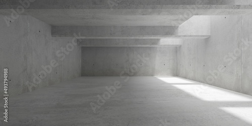 Abstract empty, modern concrete walls room with top light from right and horizontal ceiling beams - industrial interior background template