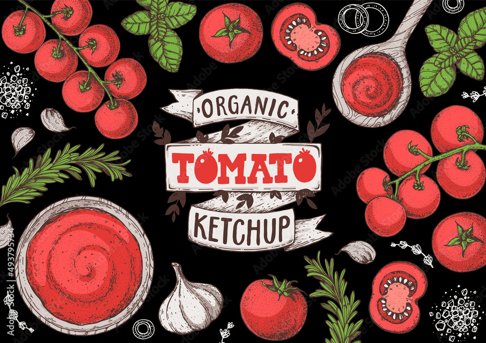 Tomato sauce, ketchup cooking and ingredients frame. Hand drawn vector ...
