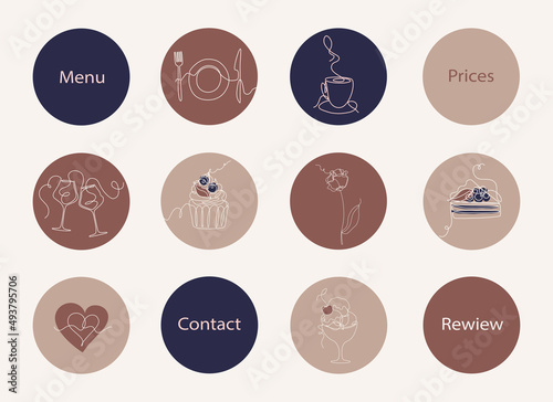 Vector pictograms. Social media Instagram Highlights cover. Cute icons for restaurant, cafe or bar.