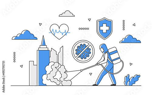 Equipped man spraying disinfectant in public spaces. Protective measures against pandemic coronavirus vector monocolor illustration