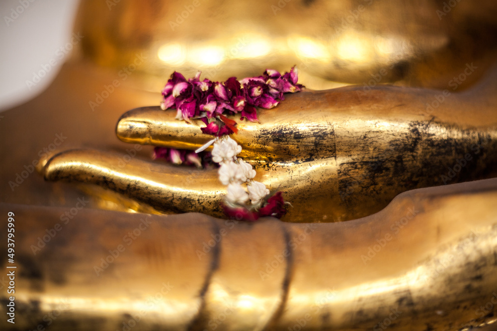 Hand of Golden buddha statue with flower at Wat Pho Temple, Bangkok, Thailand