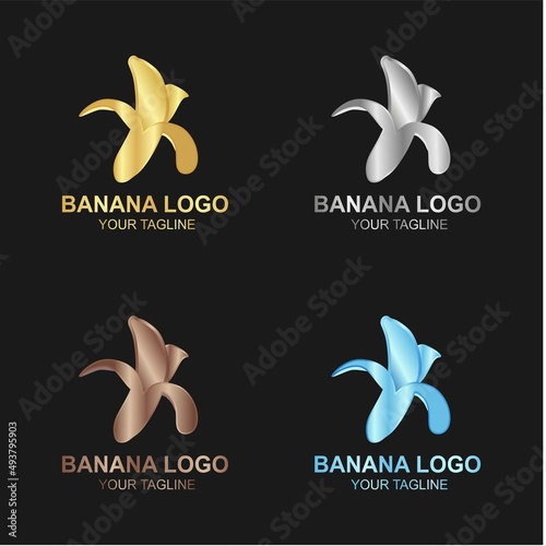 Vector set of luxury gold banana logo on black background, and also in color, silver, bronze and diamond