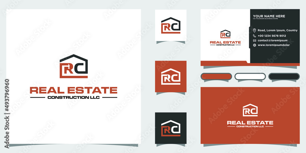 RC house construction with hammer and Initial Letter Logo Designwith Business card Template RC house construction with hammer and Initial Letter Logo Designwith Business card Template