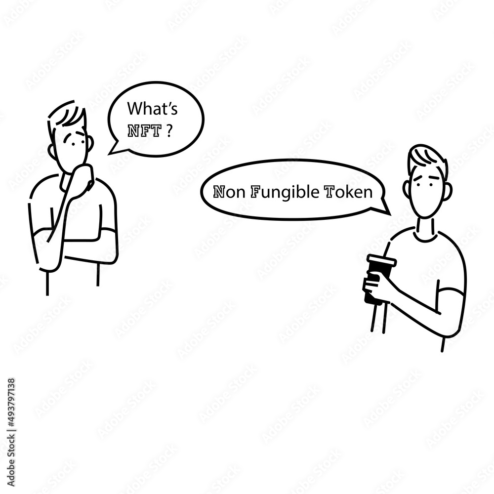 What's NFT, Non Fungible Token Illustration of two men having conversation. What's NFT, Non Fungible Token Illustration of two men having conversation.