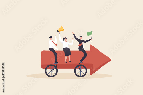 Business team ride arrow. Team of business people riding tandem bike together. sharing same business goal and direction, support and partnership for career growth concept.