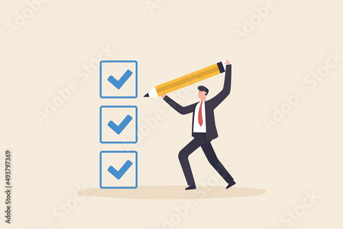 Checklist for completed tasks, Business man with a giant pencil nearby marked checklist box.