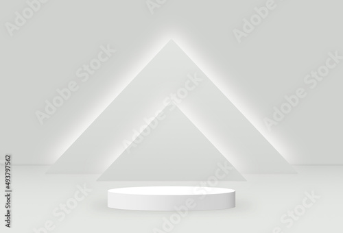 Abstract 3D rendering White base cylinder podium studio with triangle light on the wall. Geometric shape object illustration for banner, poster, and wallpaper. Display for product.
