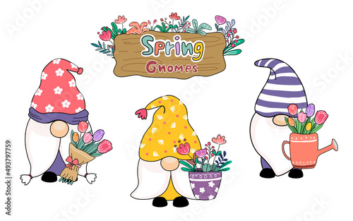 Spring Gnomes Set Design colorful doodle style for cards, stickers, clothing patterns, fabric patterns, decorations, pillows, t-shirts, digital printing, kindergarten, kids, etc.
