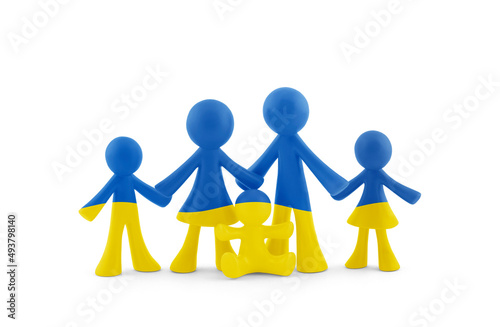 Family figurines with the colors of the Ukrainian flag on white background with clipping path