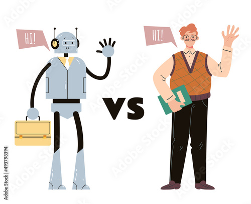 Human man worker VS robot ai vector flat cartoon graphic design illustration
