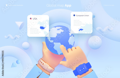 The hand selects a location on the map. World map user interface. Mobile application for travel and tourism. Country statistics. Global map of the world. Vector illustration 3d style