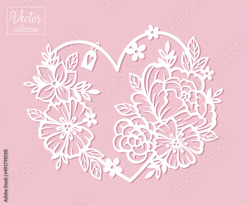 Floral heart. Vector silhouette of a heart with flowers. Botanical romantic illustration. Vector silhouette. Template for laser cut. Papercut template