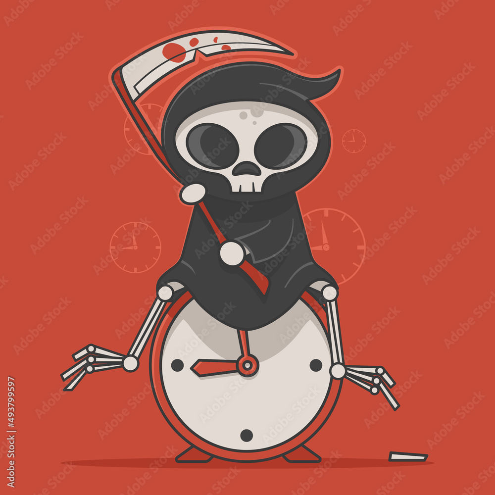 Deadline concept. Grim Reaper sitting on top of a traditional analog desktop alarm clock, waiting for time to happen. Flat style illustration. 