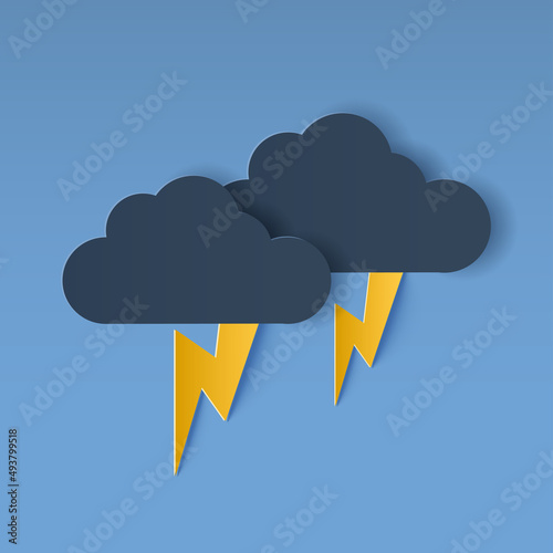 Paper cut of clouds and lightning on purple dark background. Vector illustration