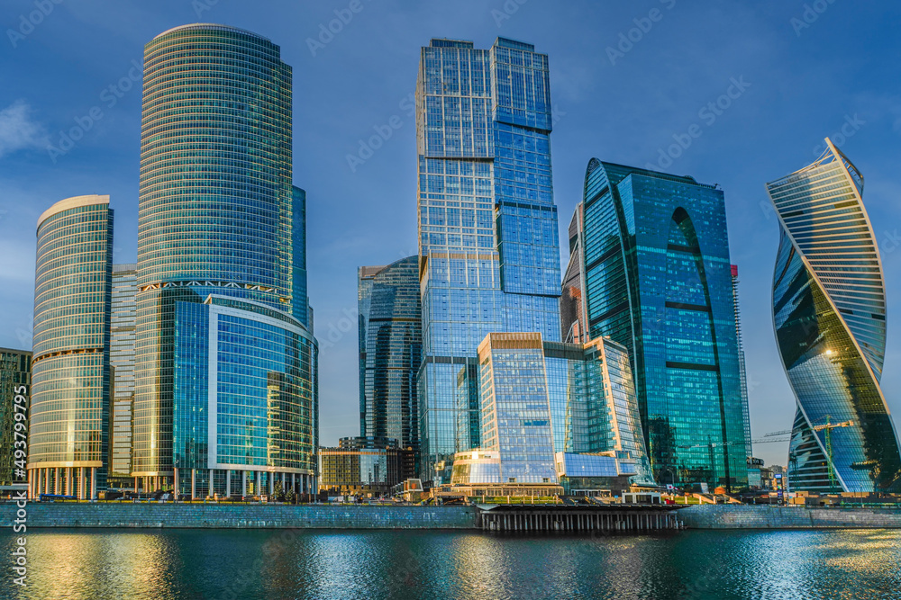 Obraz premium Skyscrapers in the business center, financial district, sunny day, blue sky, empty space, Moscow city, Russia.
