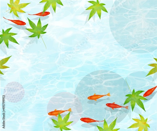 紅葉の木下、水の中を黒と赤の金魚とメダカが優雅に泳ぐ水の波紋が美しいデザインのベクター夏フレーム素材 photo